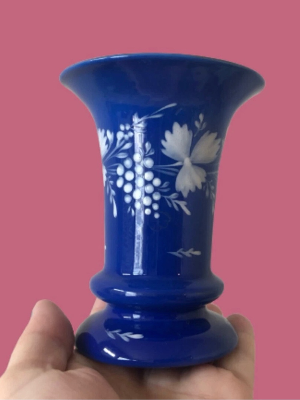 Antique or vtg blue glass vase w/ white enameling grapevine motif French?